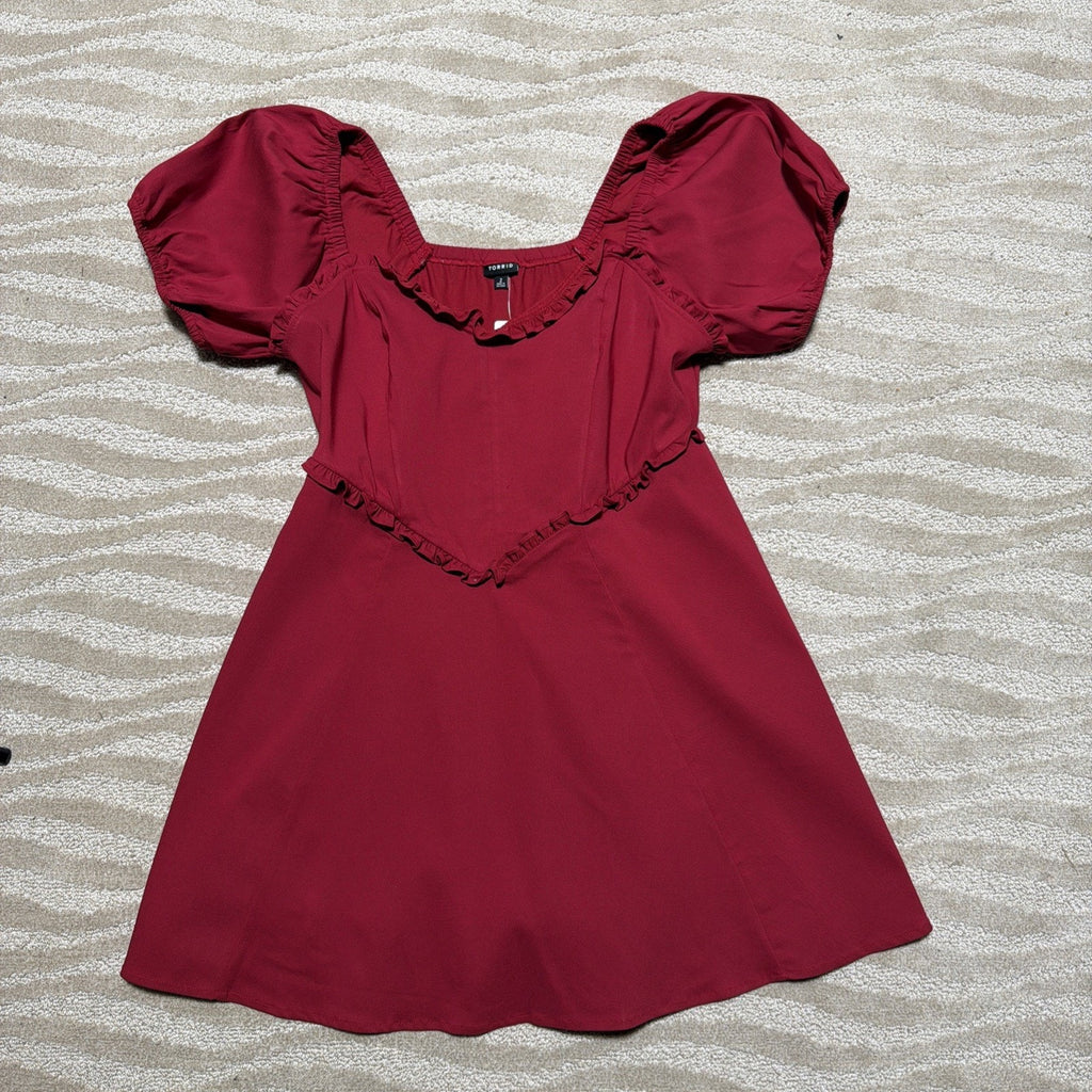 Torrid Sweetheart Mini Dress Womens Plus 1X Red Puff Sleeve Stretch NWT