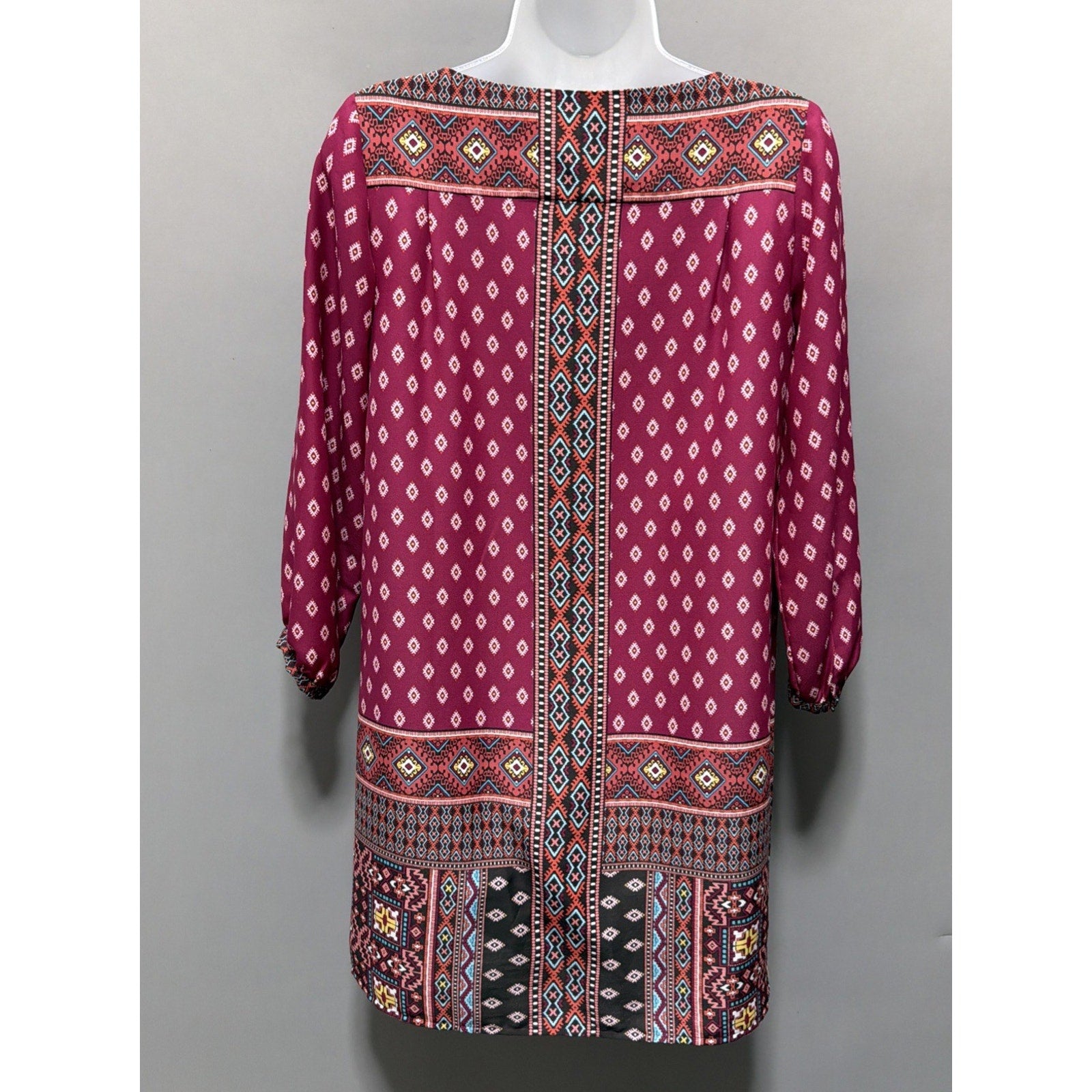 LOFT Petite XS Boho Tunic Top Burgundy Tribal Print 3/4 Sleeve Flowy Blouse