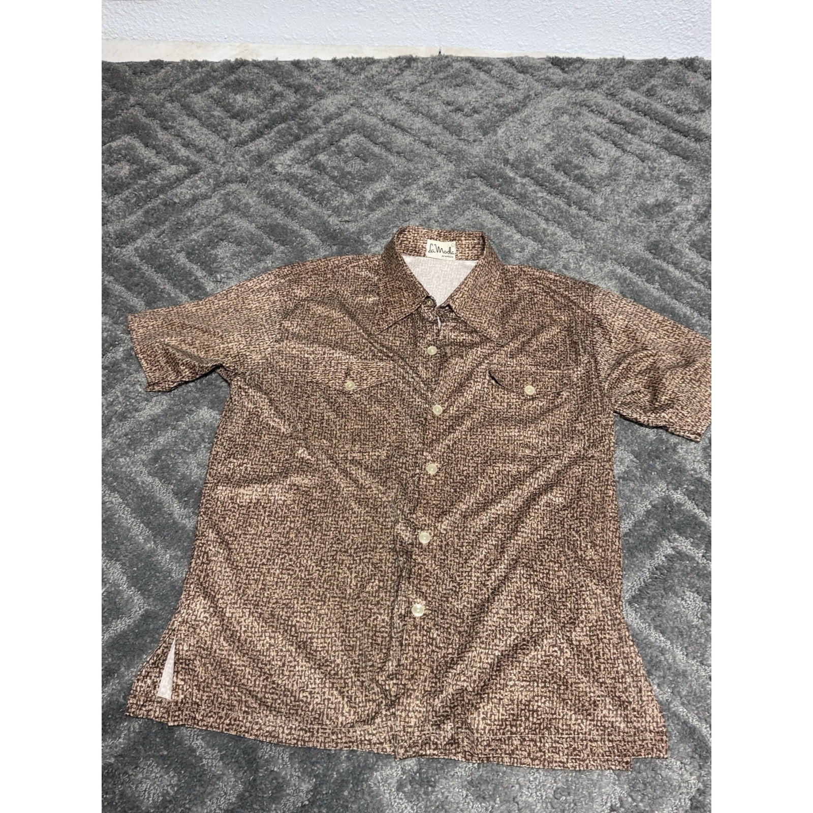 Vintage La Moda Acapulco Men's Brown Cream Short Sleeve Island Shirt Large