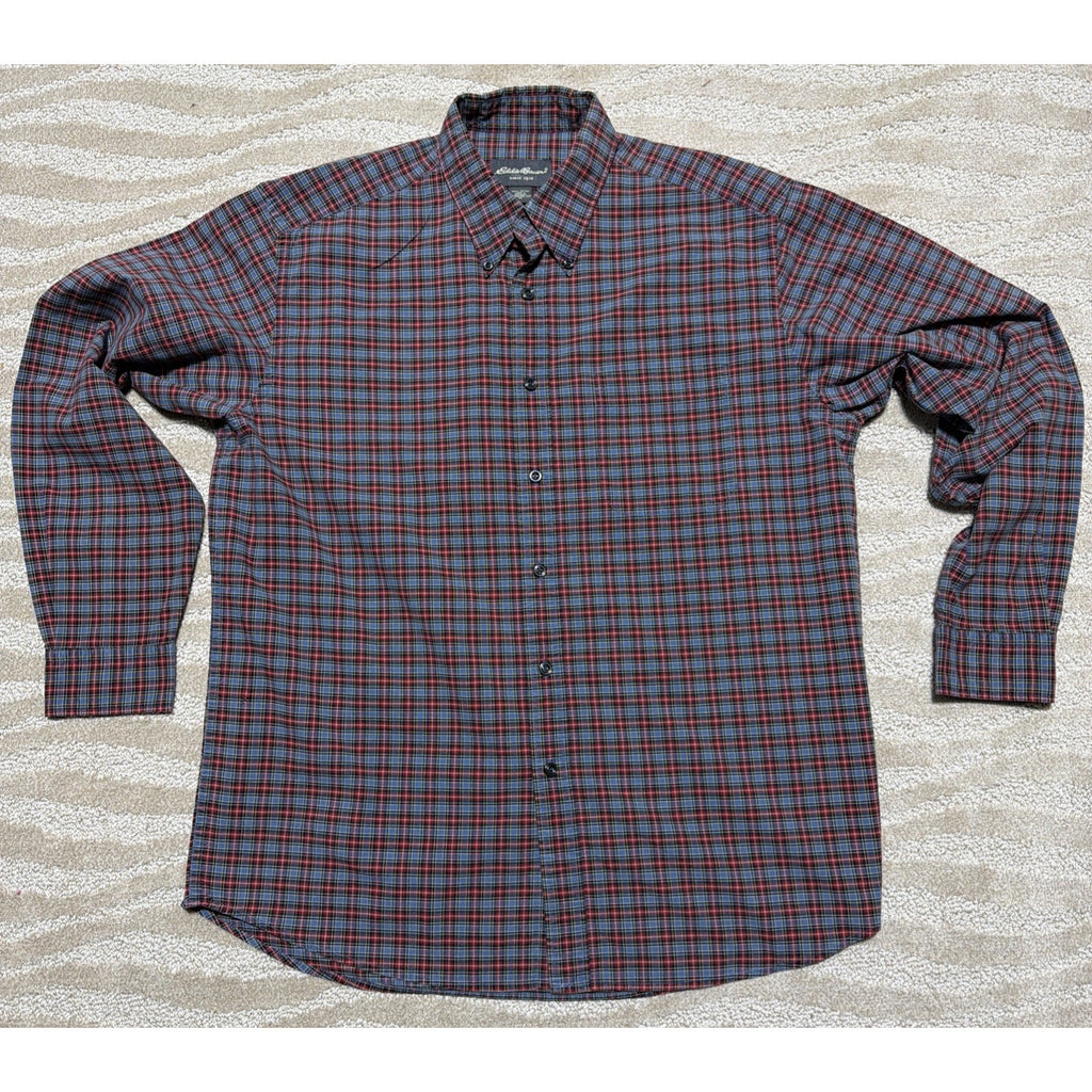 100% Cotton M Eddie Bauer Shirt Men's Button Up Red Blue Plaid Long Sleeve