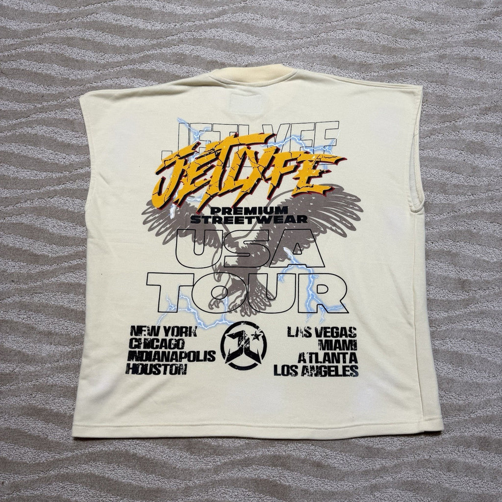 JetLyfe USA Tour SS25 Eagle Graphic Sleeveless Sweatshirt 2XL Cream Streetwear