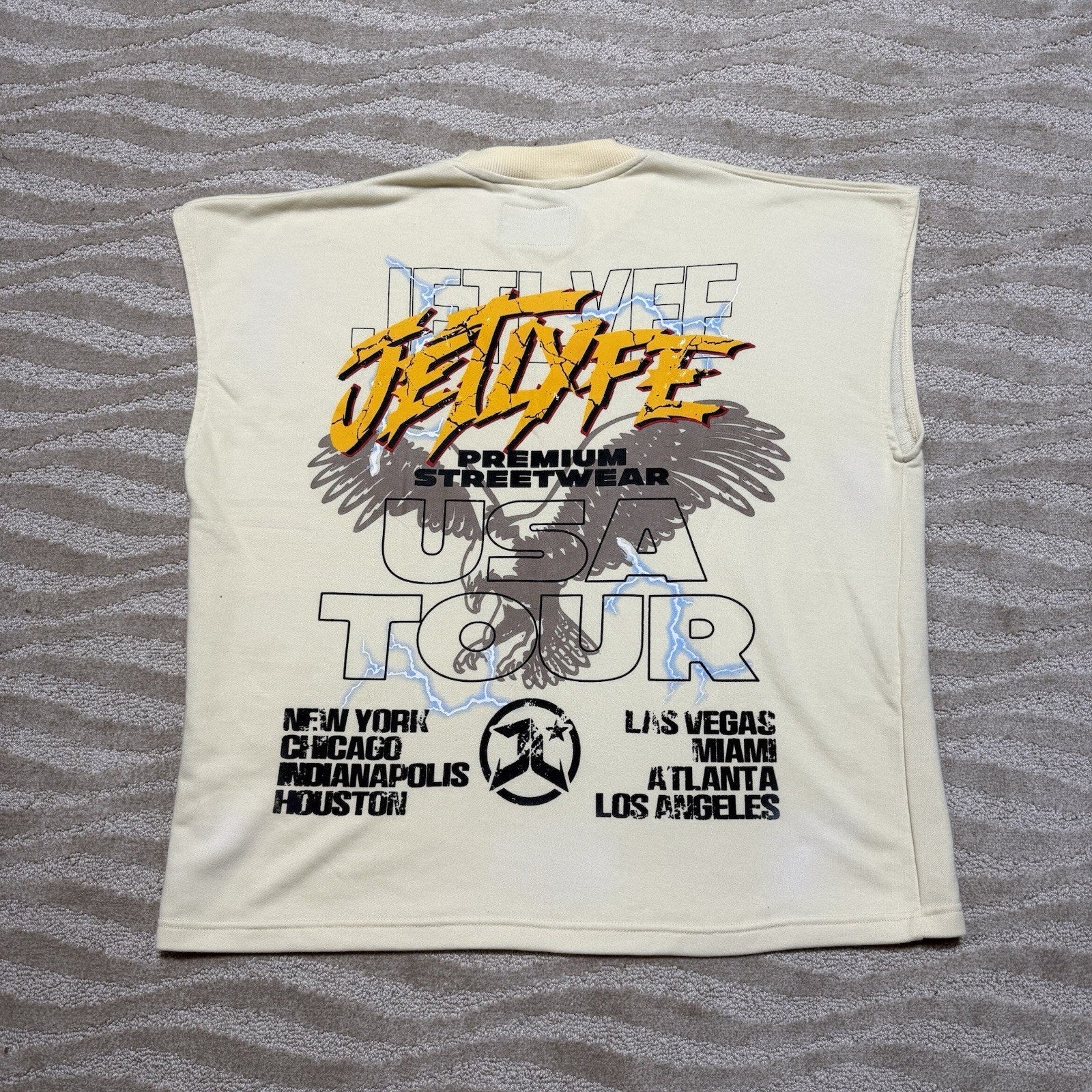 JetLyfe USA Tour SS25 Eagle Graphic Sleeveless Sweatshirt 2XL Cream Streetwear