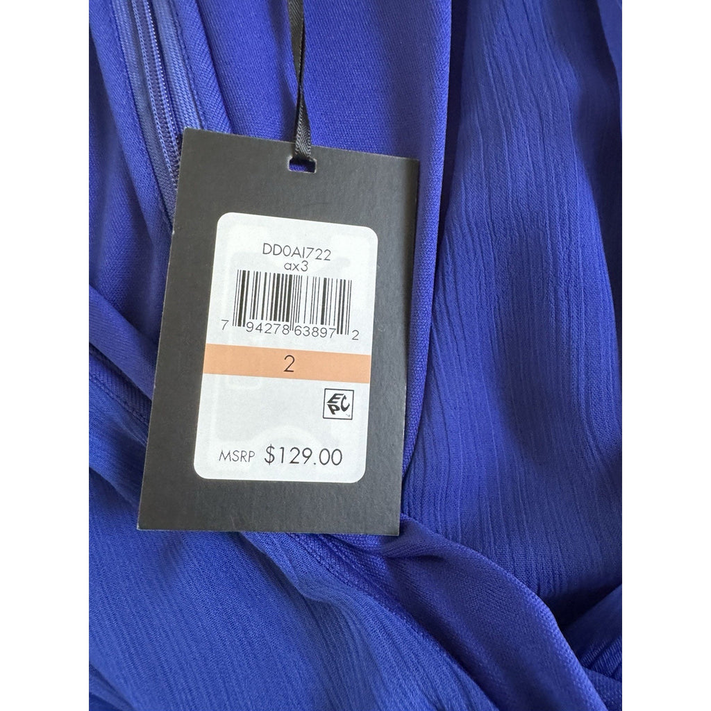 DKNY Blue Chiffon Wrap Dress Womens Size 2 Puff Sleeve Belted V Neck NWT $129