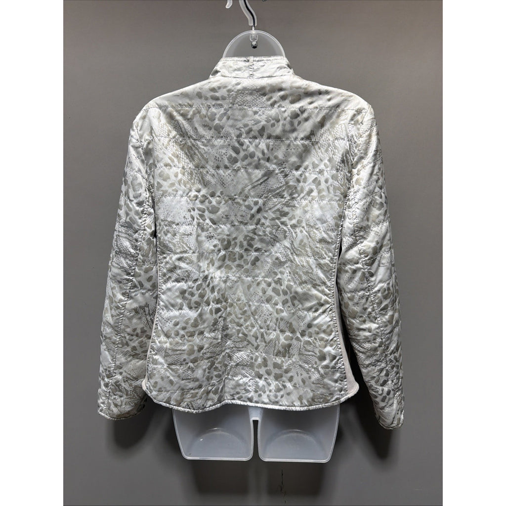 Chicos Puffer Jacket Gray metallic Animal Print Zip Up Stretch Sz 2 large
