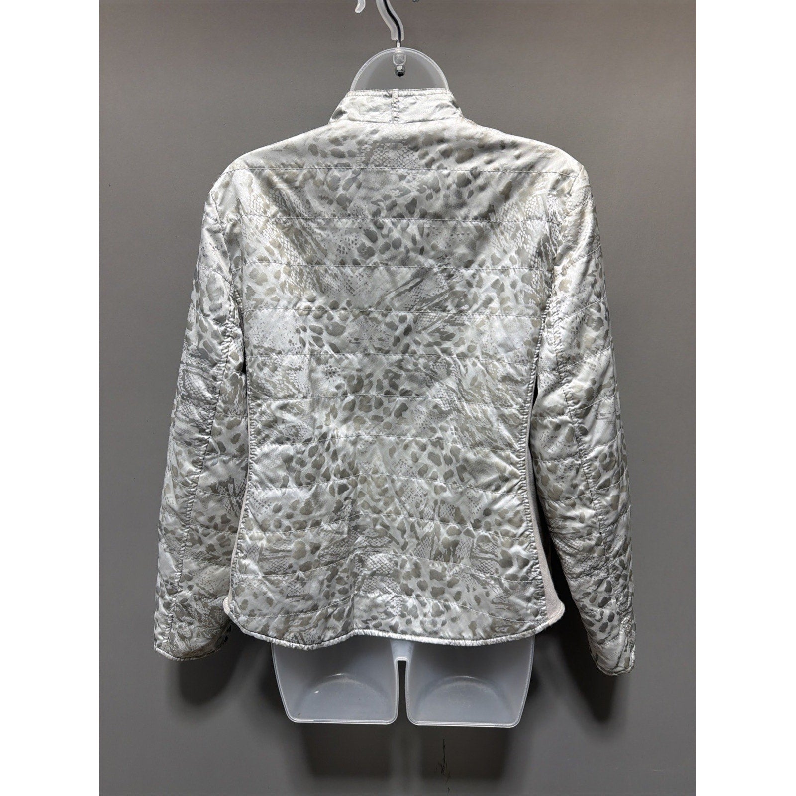 Chicos Puffer Jacket Gray metallic Animal Print Zip Up Stretch Sz 2 large
