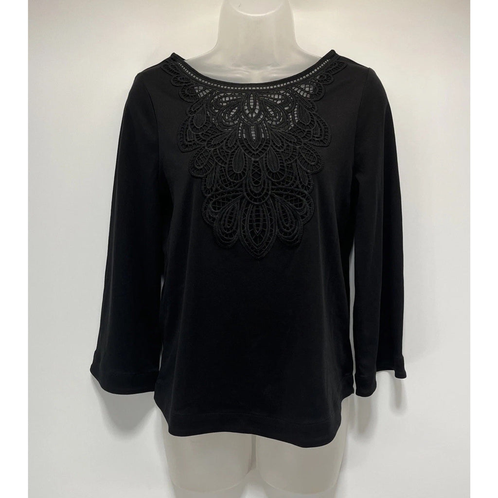 Chico's Black Lace Inset Cotton Top Women's 00 XS 3/4 Sleeves