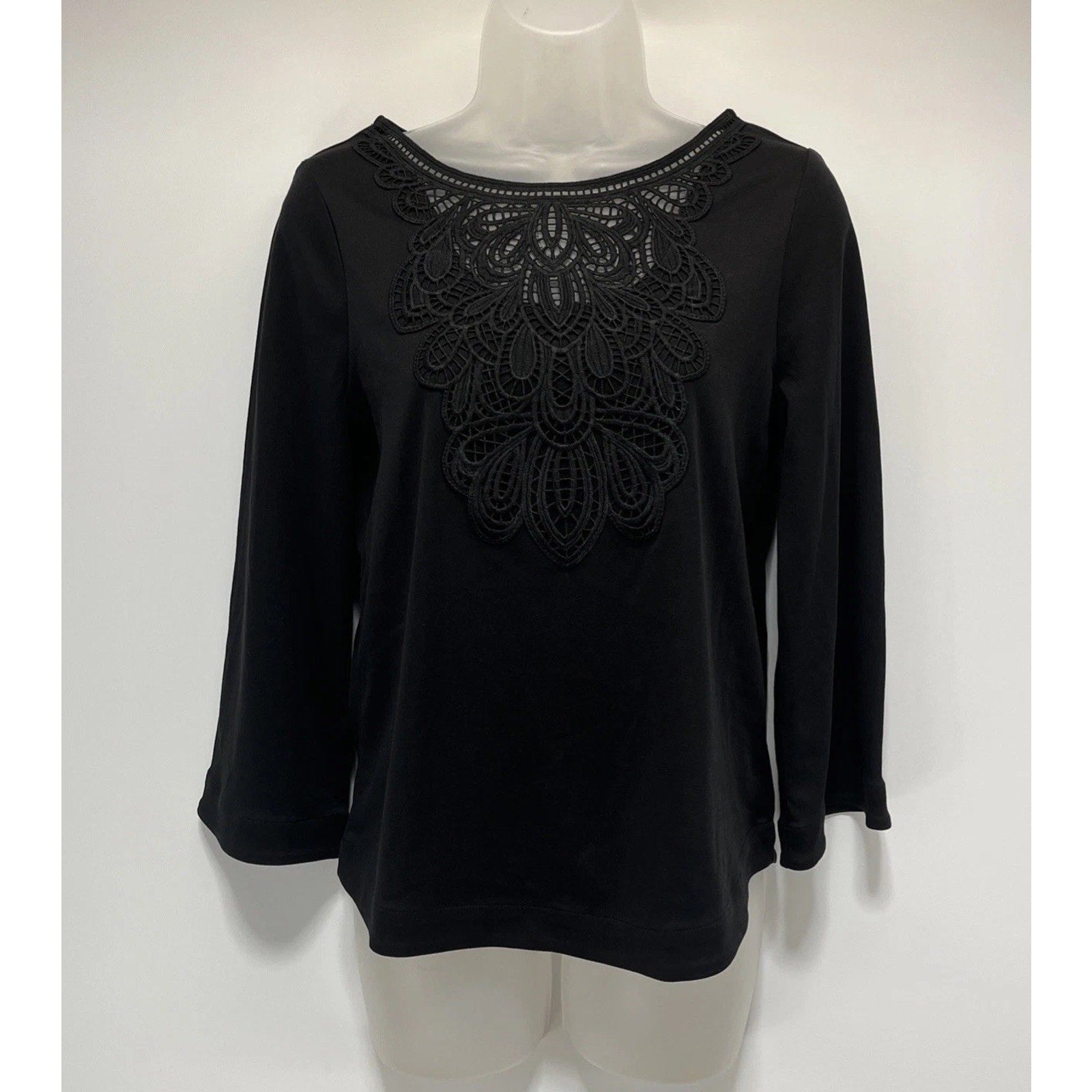 Chico's Black Lace Inset Cotton Top Women's 00 XS 3/4 Sleeves