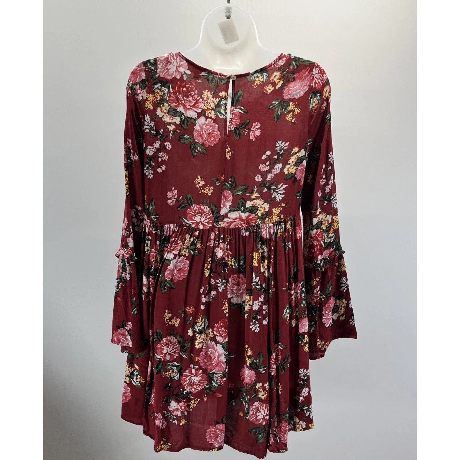 Umgee Wine ruffled embroidered Boho keyhole Swing dress Size Small