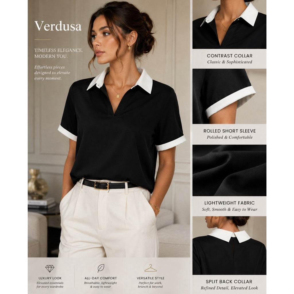 Verdusa Women’s L Black White Contrast Collar Short Sleeve Blouse Top NWT