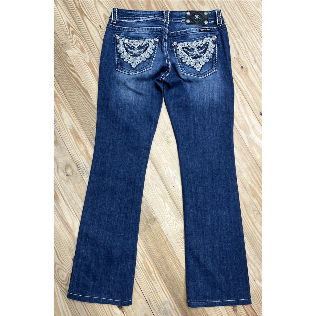 Miss Me Jeans Women Size 29 Mid Rise Boot Cut Thick Stitch Jeweled Distressed