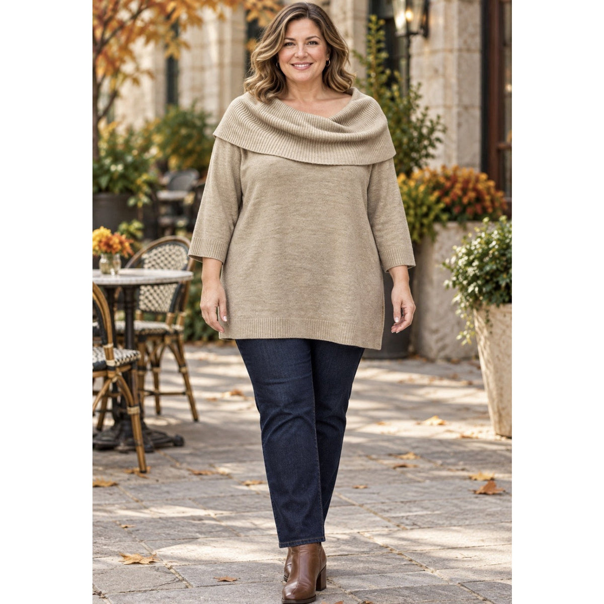 Spring + Mercer Sweater Womens 2X Taupe Cowl Neck Tunic 3/4 Sleeve Plus Size