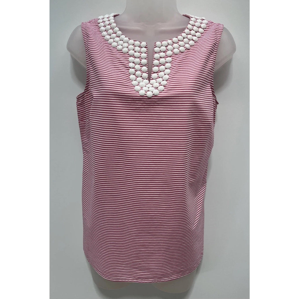 Talbots Women 6 Large Pink White Striped Beaded V-Neck Sleeveless Top Stretch