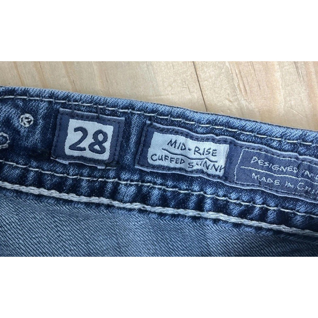 Miss Me Jeans Mid Rise Cuffed Skinny Size 28 Denim Blue Logo Whiskering Casual
