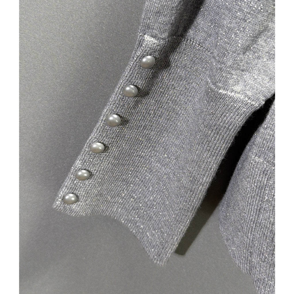 Talbots XL Sweater Gray Shimmer Silver Merino Wool Pearl Button Cuff New W Tags
