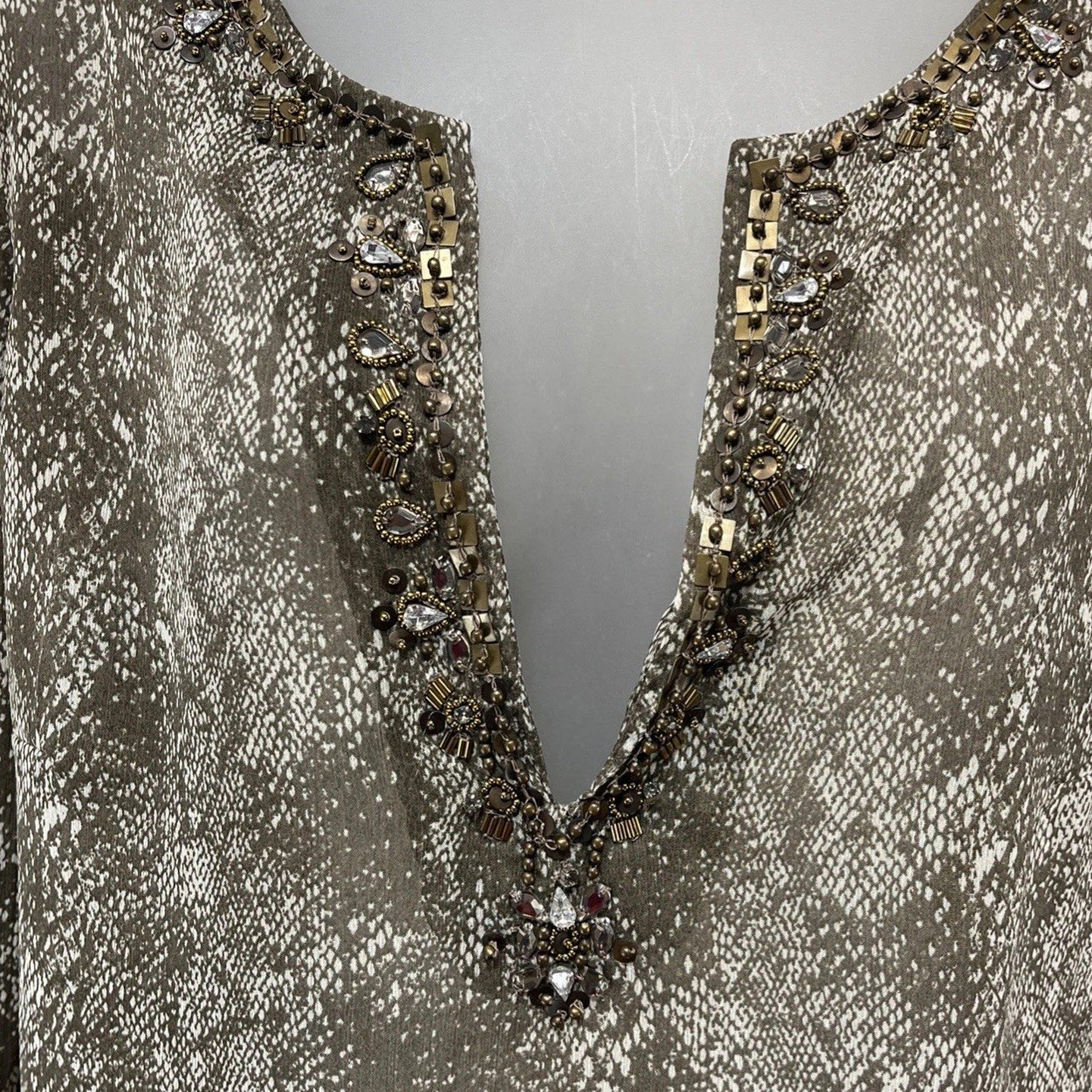 NEW Chicos Top Size 1 Medium Tan Snake Print Tunic Embellished Sheer Chiffon