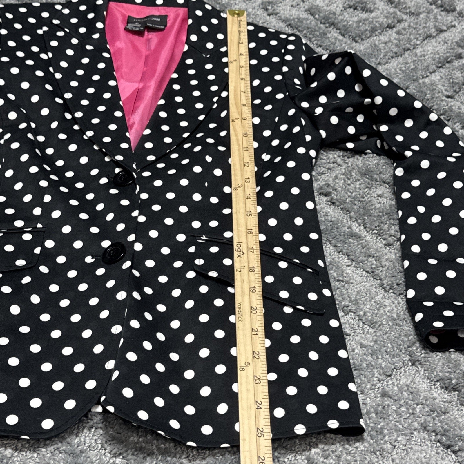 Focus 2000 Women Black Polka Dot Blazer Jacket Hot Pink Lining Women’s Size 8