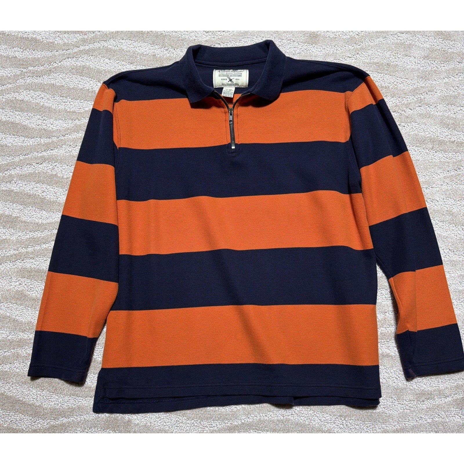 Vtg Eddie Bauer Rugby Polo 1/4 Zip Shirt Mens L Orange Stripe Preppy Sports