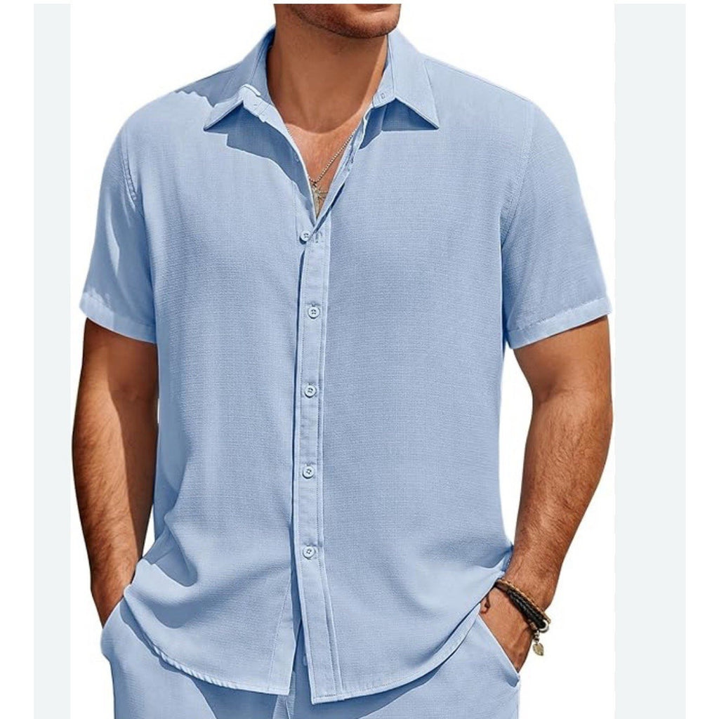 COOFANDY MEN'S BLUE SIZE XL CASUAL SHORT SLEEVE LINEN BLEND BEACH SHIRT