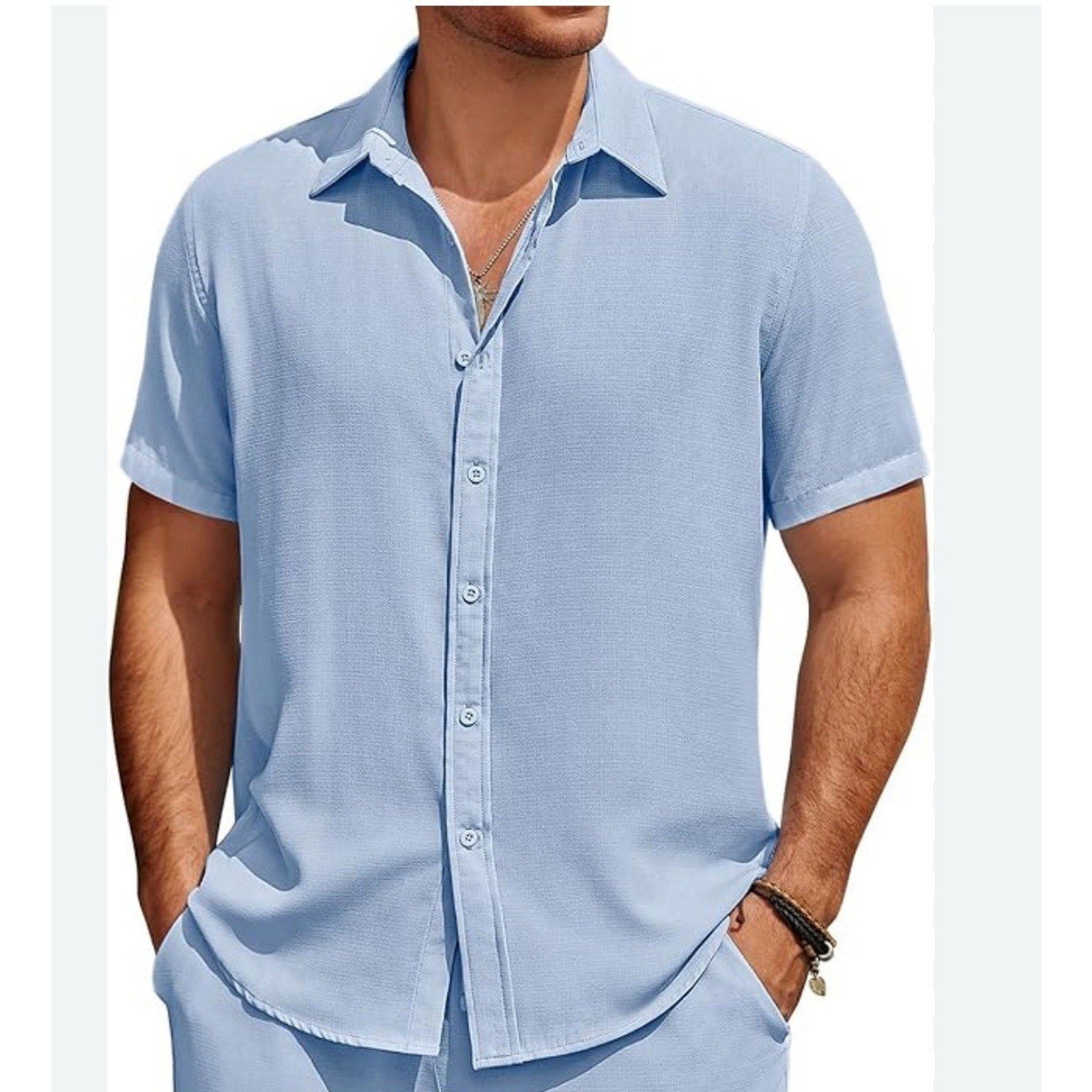 COOFANDY MEN'S BLUE SIZE XL CASUAL SHORT SLEEVE LINEN BLEND BEACH SHIRT