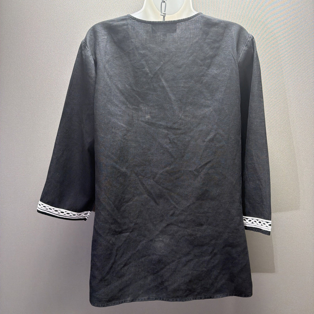 Jones New York Women’s 100% Linen Tunic Top Size L Black White Lace Trim