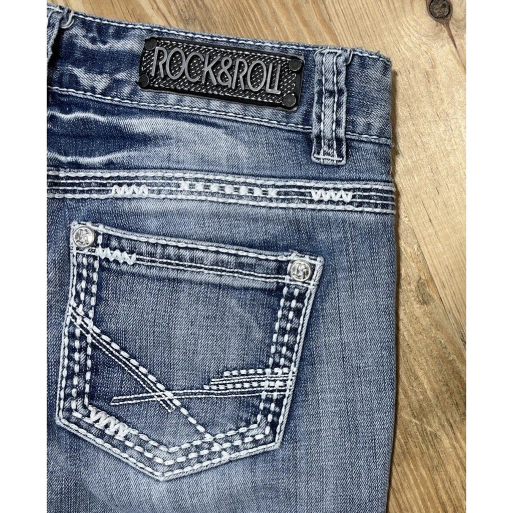Rock and Roll Cowgirl Jeans 27x34 Blue Denim Thick Stitch Western Boot Low Rise