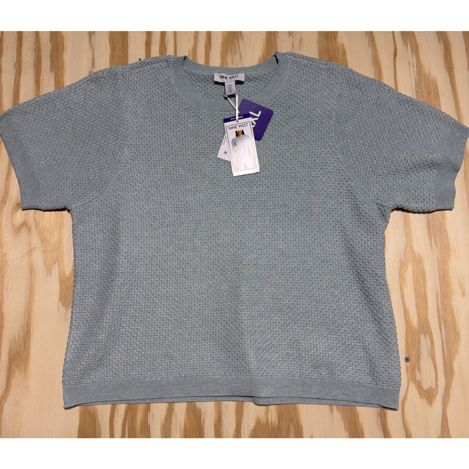 Nine West Women's Spring Sweater Short Sleeve, Teal Green, Waffle Weave XXL New