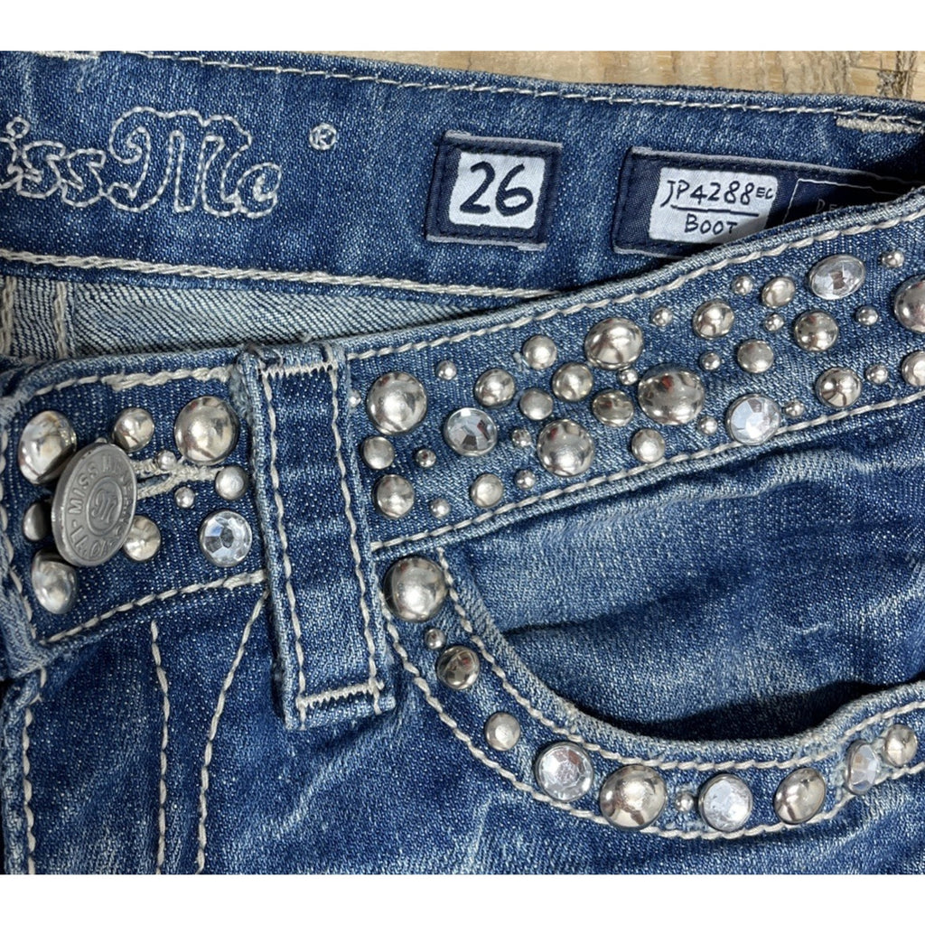 Miss Me Low Rise Bootcut women's jeans, size 26, embellished medium wash blue
