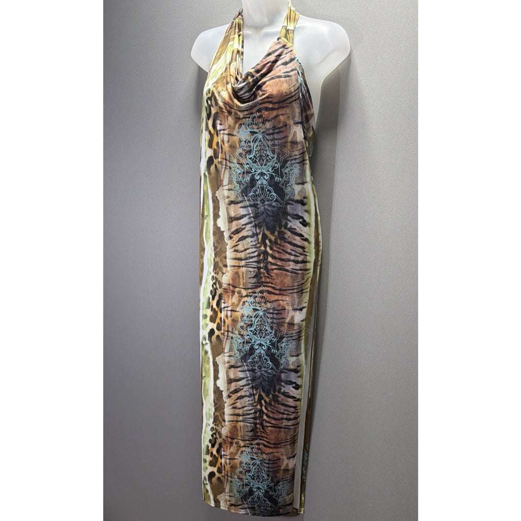 Akira Women's S Animal Print Halter V-Neck Side Slit Bodycon Dress NWT Stretch