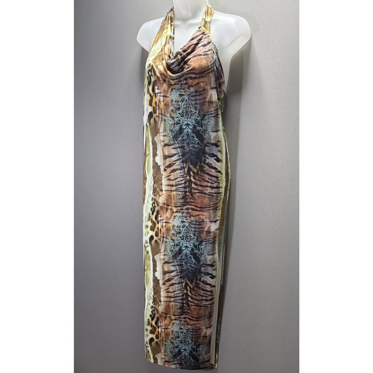 Akira Women's S Animal Print Halter V-Neck Side Slit Bodycon Dress NWT Stretch