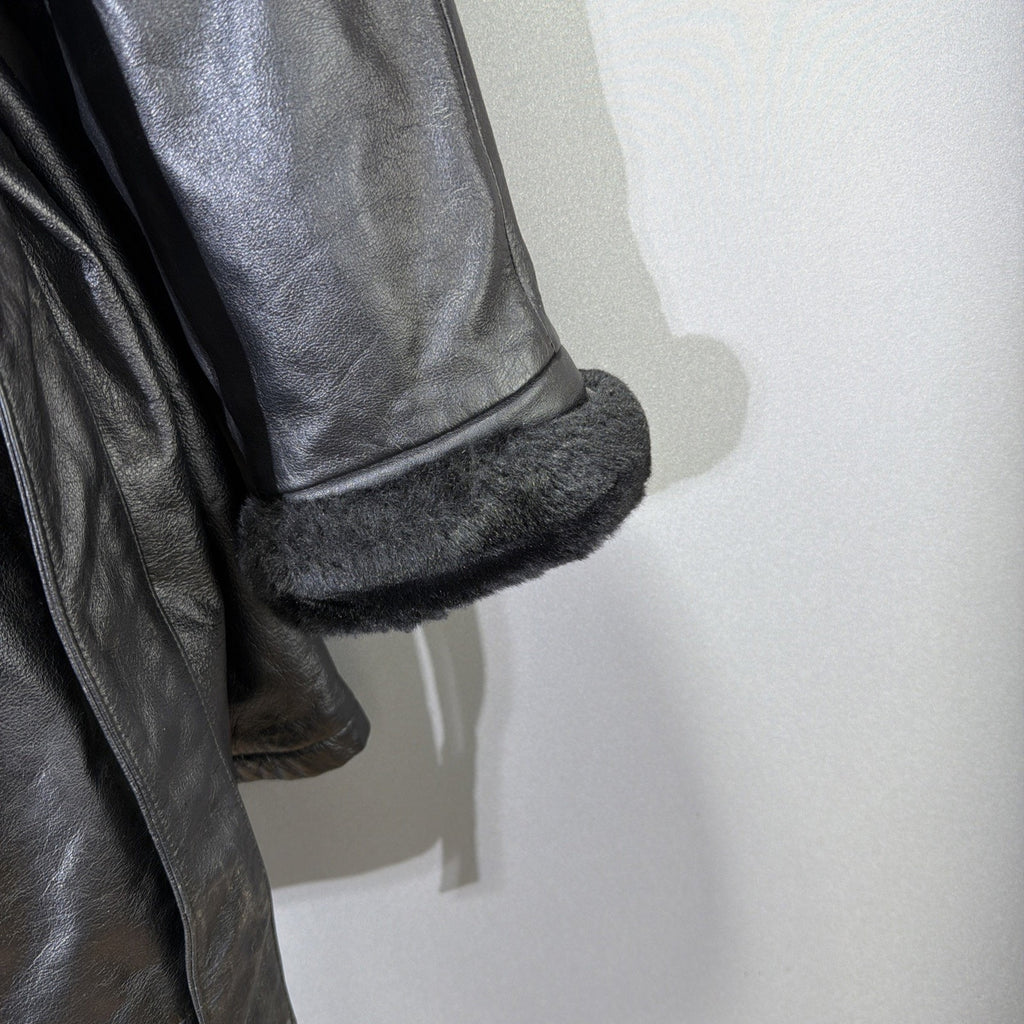 Vintage Wilsons Women's Large Black Leather Belted Coat Faux Fur Accents Lined