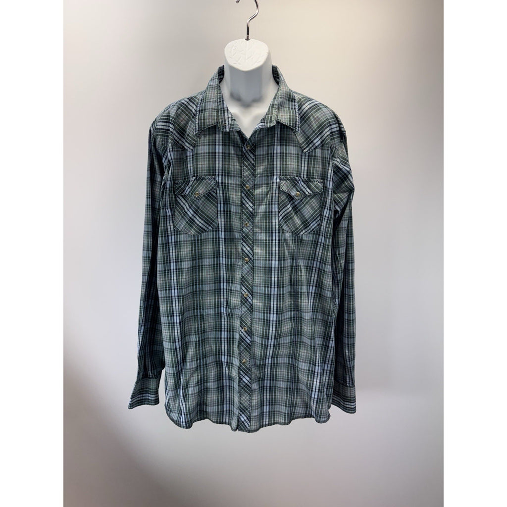 Wrangler Western Shirt Men's Size 2XT Pearl Snap Long Sleeve Blue Green Plaid