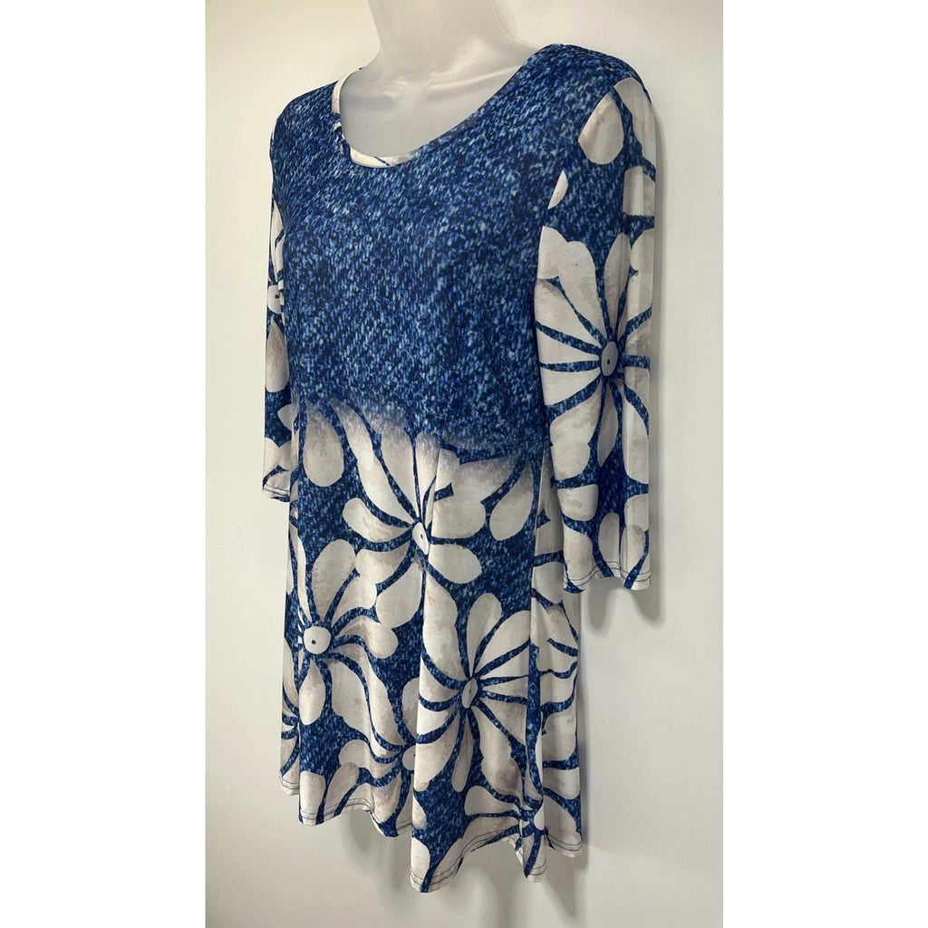 Simply Aster Dress Womens Medium Blue Ombre Floral Print 3/4 Sleeve Sheath BOHO
