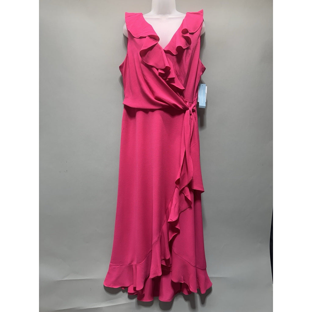 NWT London Times Pink Wrap Dress Size 16 Ruffle Sleeveless Midi Faux Wrap Weddin