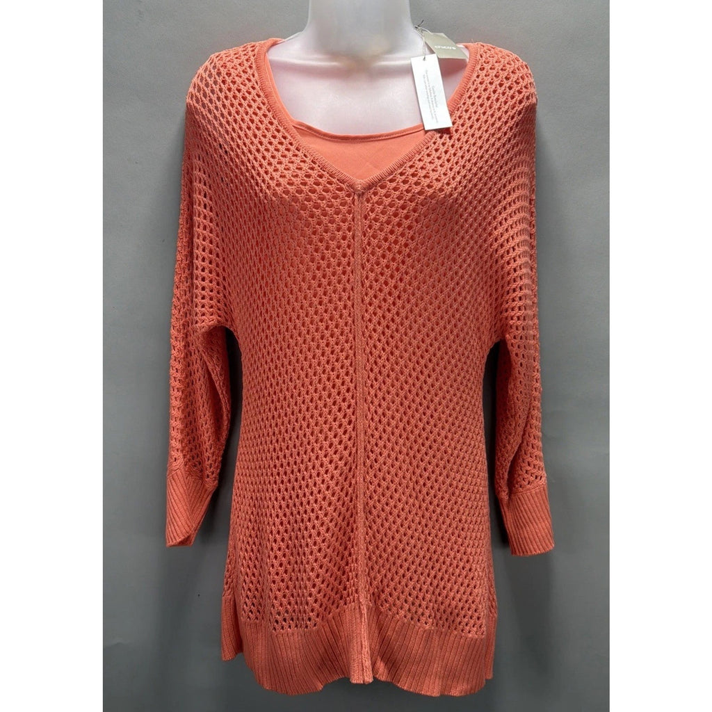 Chicos Mesh Sweater Size 1/M Sunrise Orange Knit Lined Long Sleeve Tunic NWT