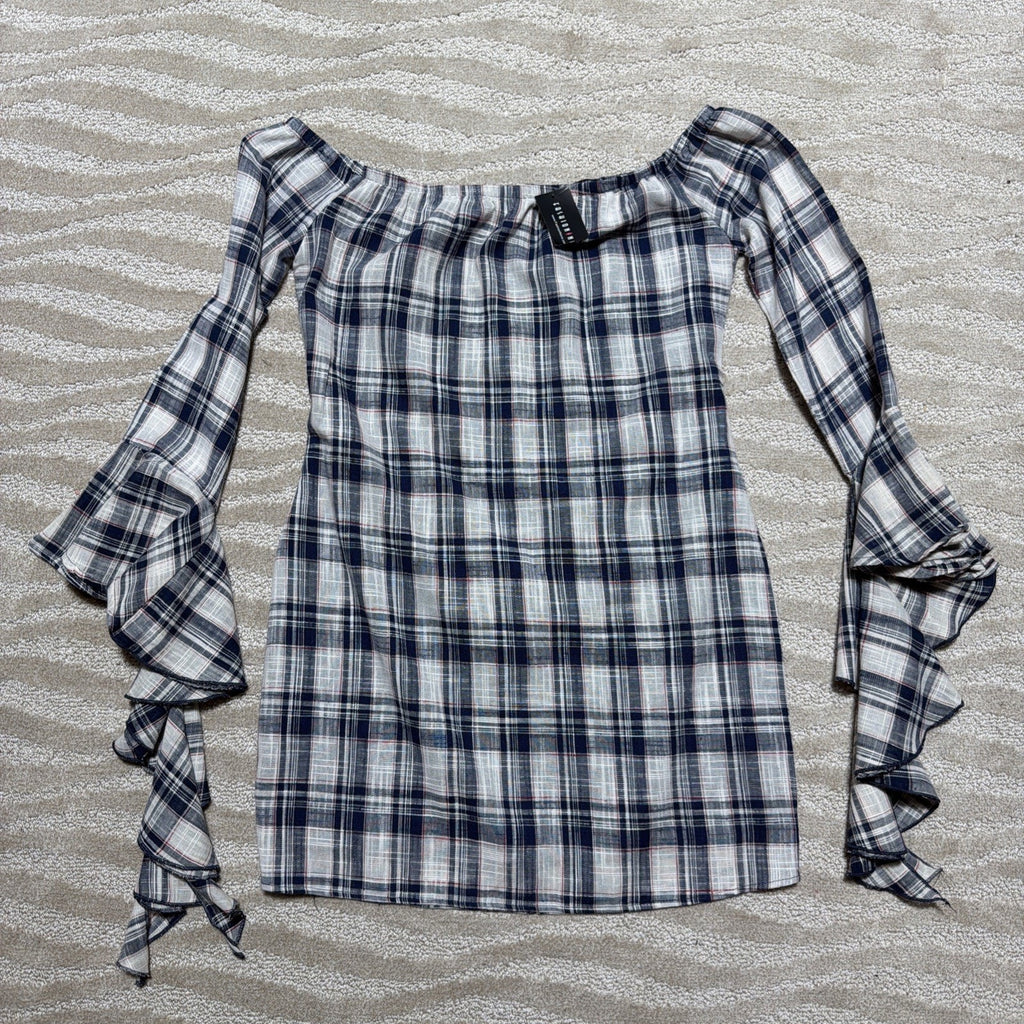 Fashion Nova Gone Camping Blue Plaid Mini Dress XL NWT Made In USA