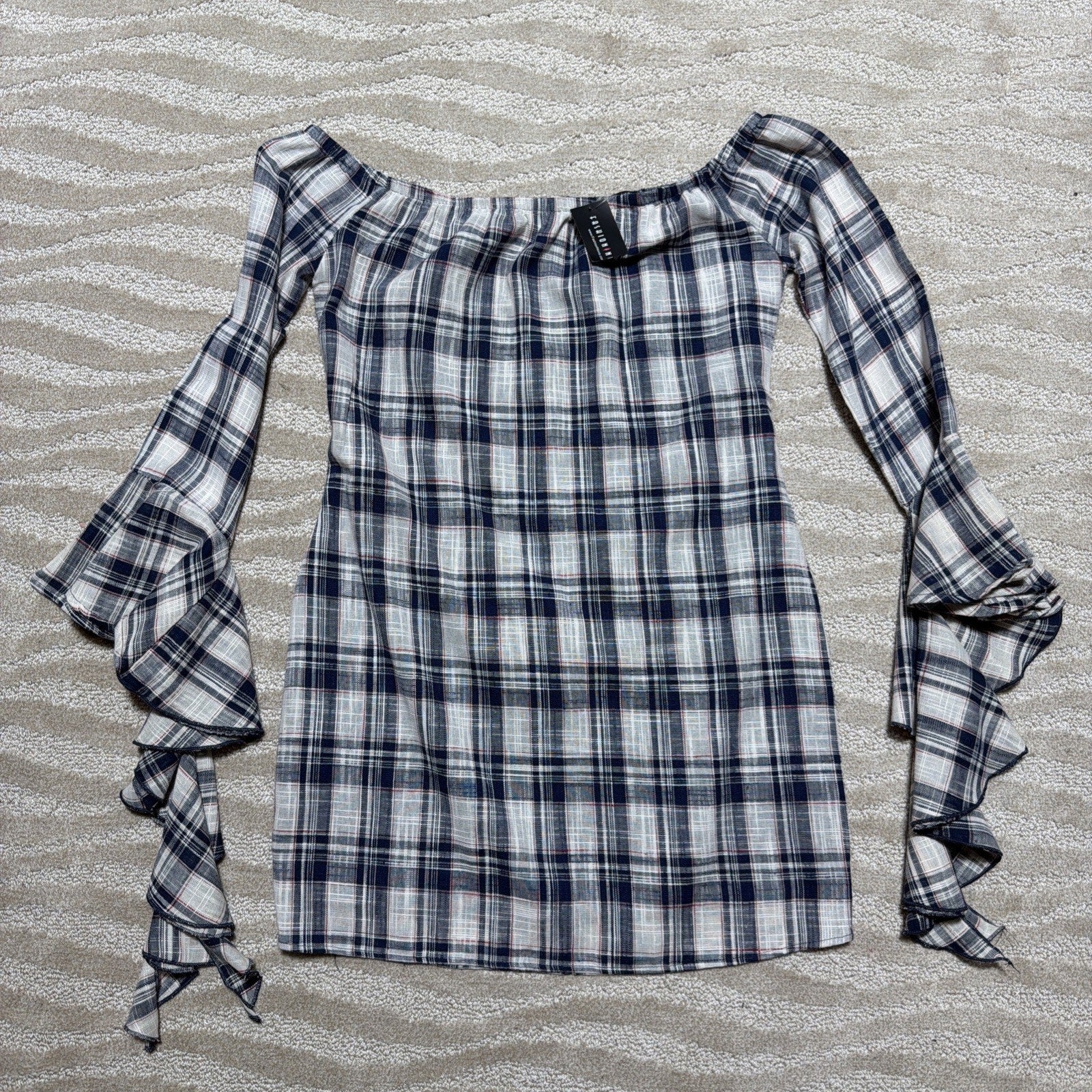 Fashion Nova Gone Camping Blue Plaid Mini Dress XL NWT Made In USA