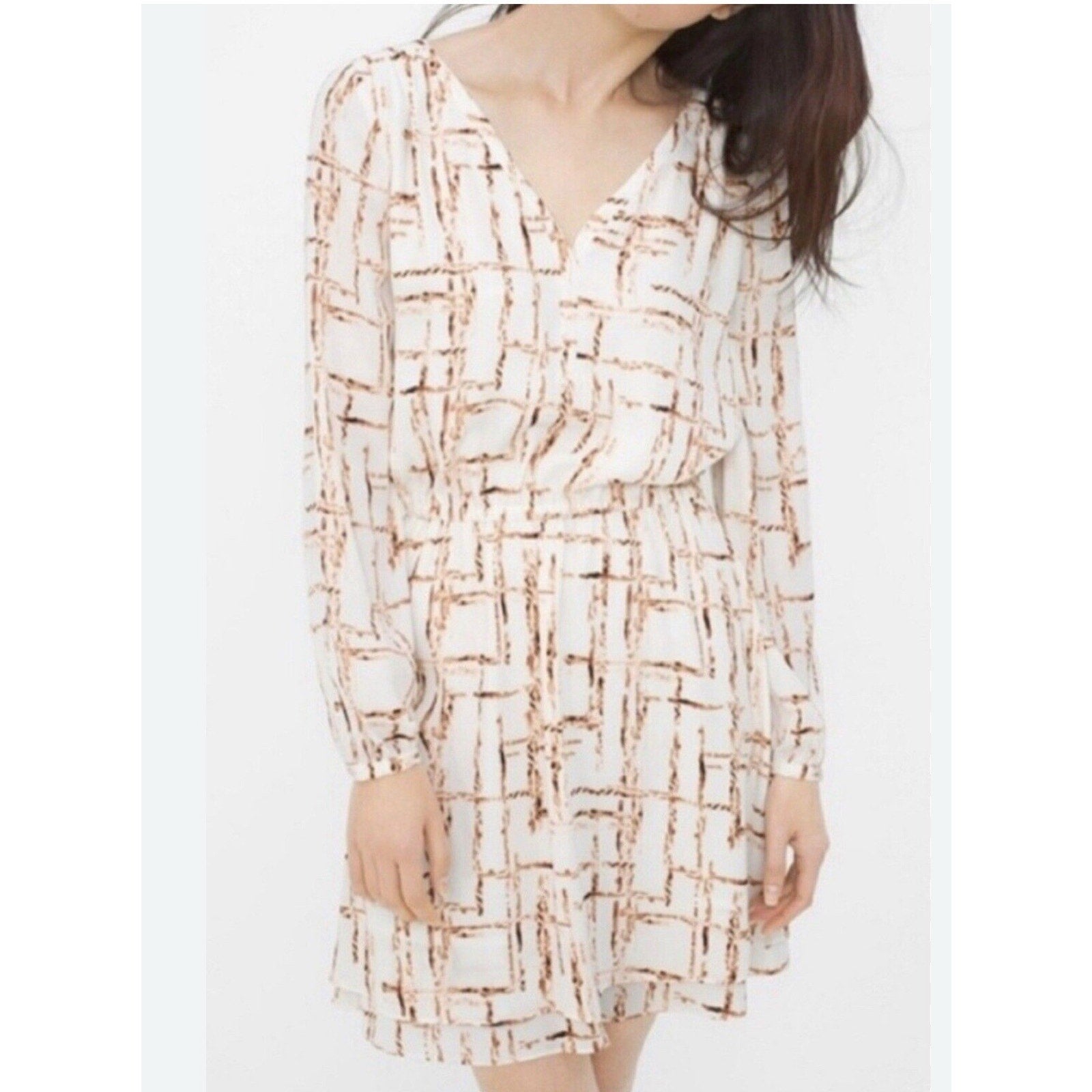 White House Black Market Modern Print Ivory Brown Geometric Dress Women’s Size 8