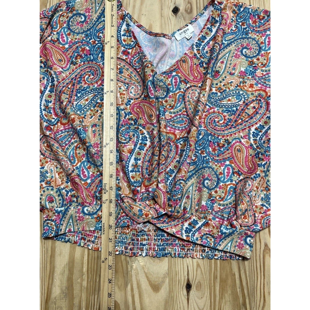 Umgee Women's Paisley Dolman Sleeve V-Neck Blouse Blue Pink Yellow Size S