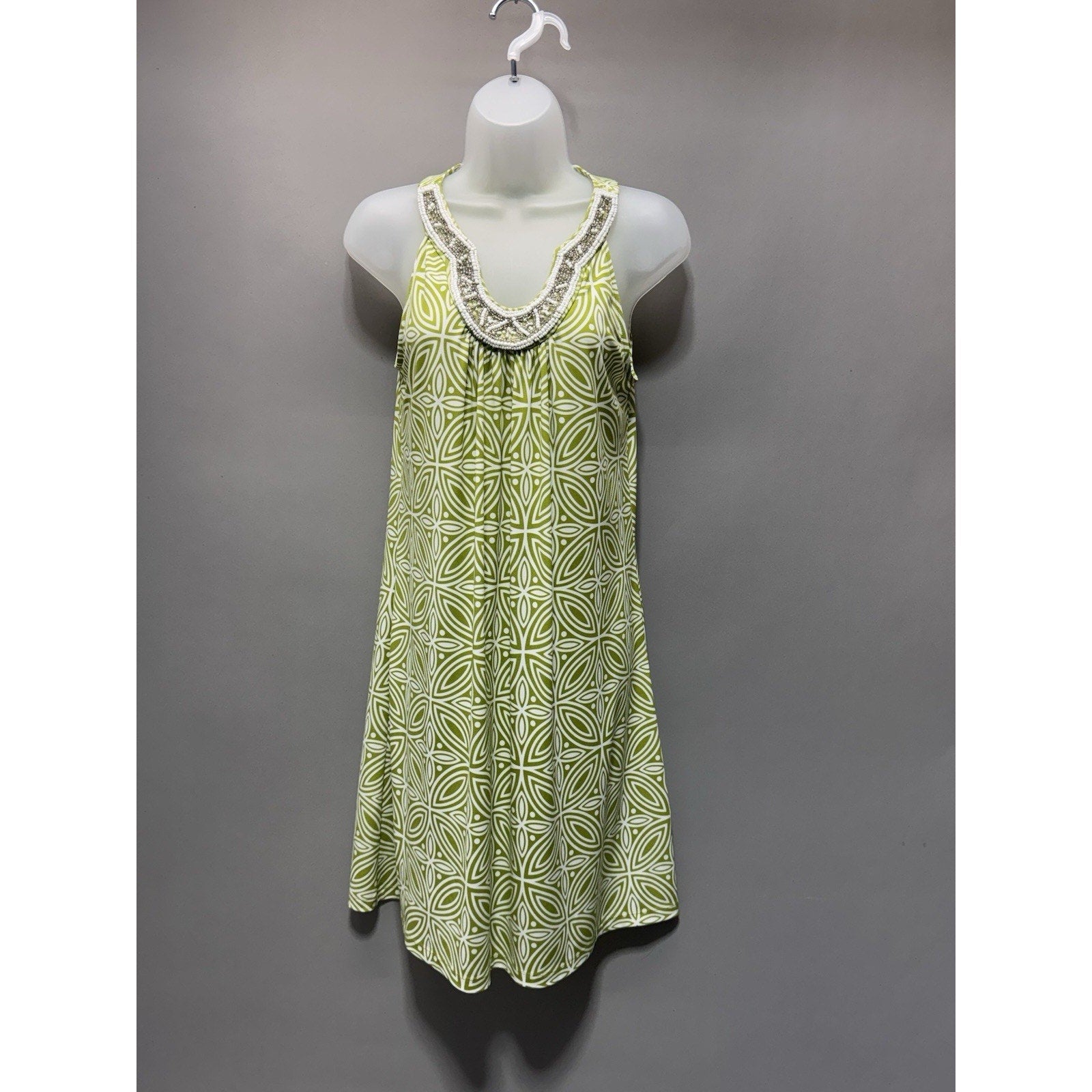 Apt 9 Womens Small Green White Geometric Dress Beaded Neck Sleeveless NWT