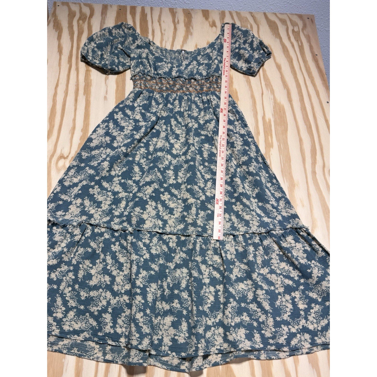 Free People Blue Cream Floral Smocked Puff Sleeve Midi Dress Women’s Medium Boho