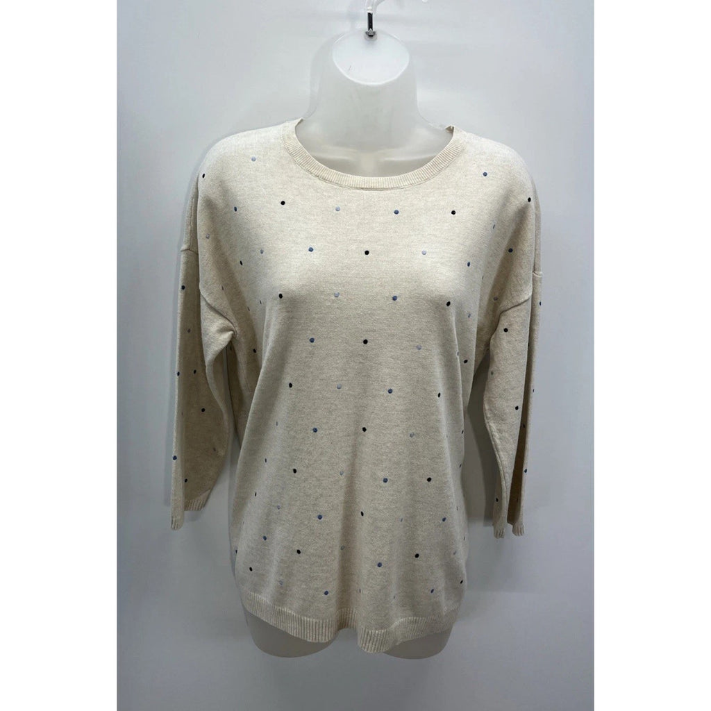 J.Jill Women's M Ivory Blue Embroidered Polka Dot Pullover Sweater 3/4 Sleeves