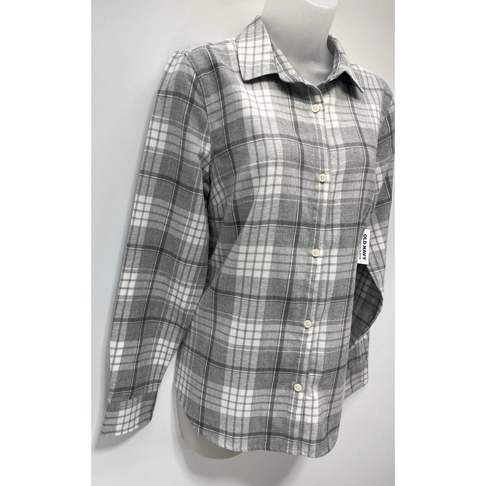 NWT Old Navy Womens Shirt Adult S Gray Flannel Classic Button Shirt Long Sleeve