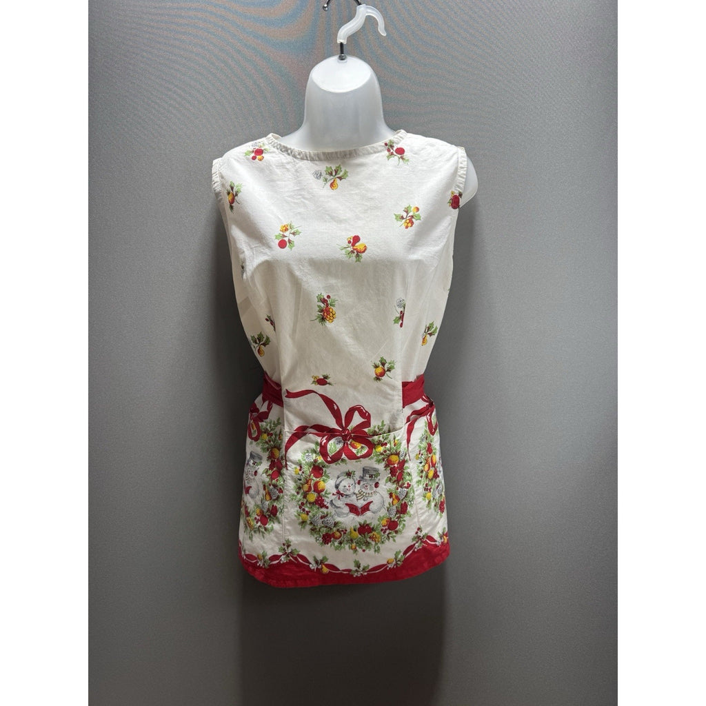 Vintage Christmas Cobbler Apron Snowman Wreath Red Bow Pockets Holiday Smock