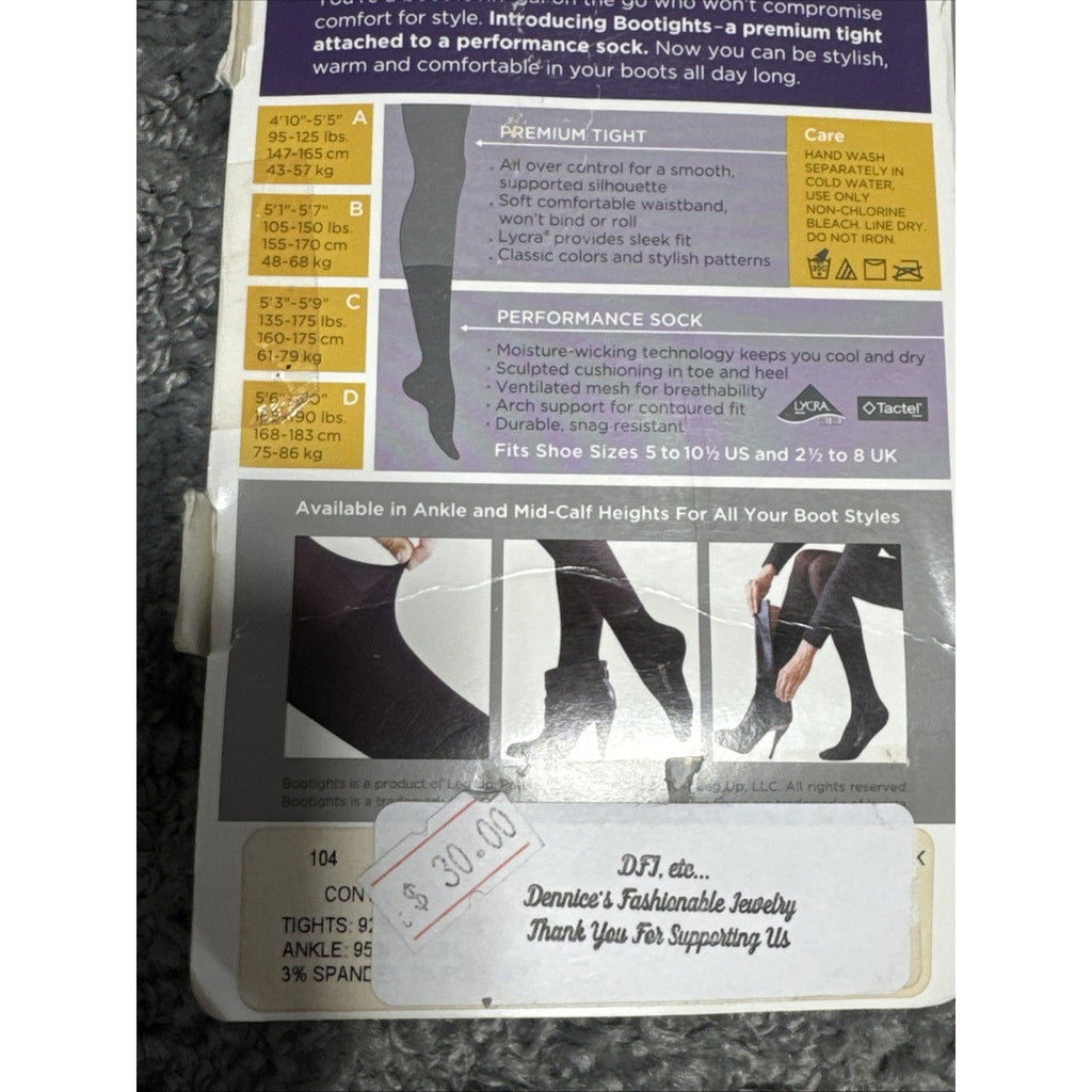 BOOTIGHTS by Leg Up Ladies Size B Color Black Lace Performance Sock & Tight USA