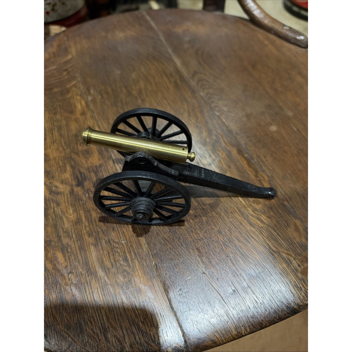 Miniature Cannon Brass Barrel Black Metal Carriage Spoked Wheels Military Decor
