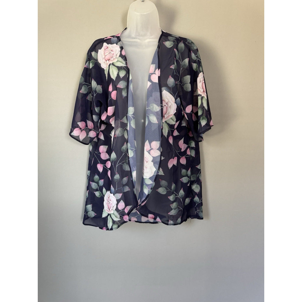 Womens Sheer Floral Kimono Cardigan Open Front Chiffon Boho Cover Up Black Pink