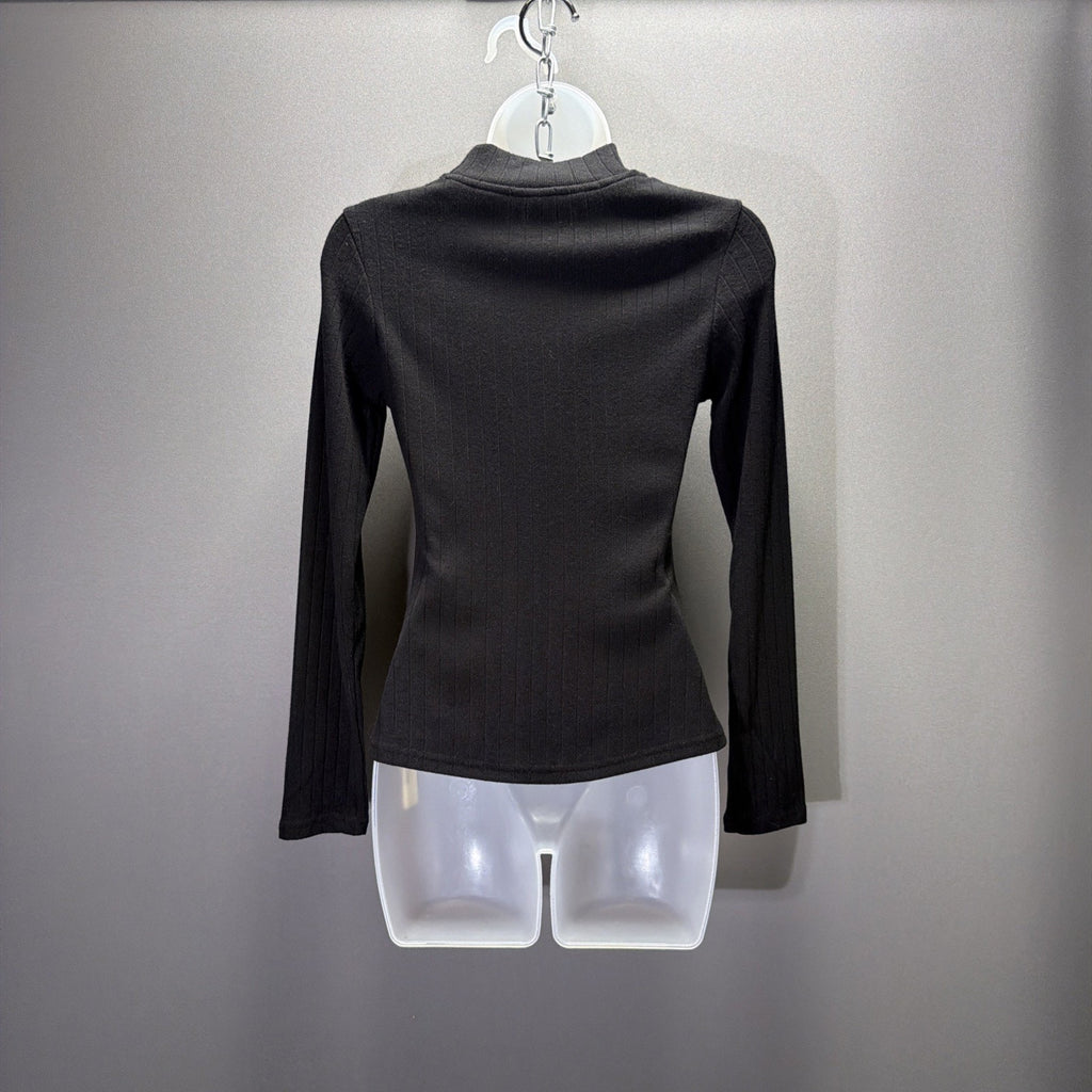 OGL Mock Neck Top Women M Black Ribbed Long Sleeve Minimalist Slim Fit NWT