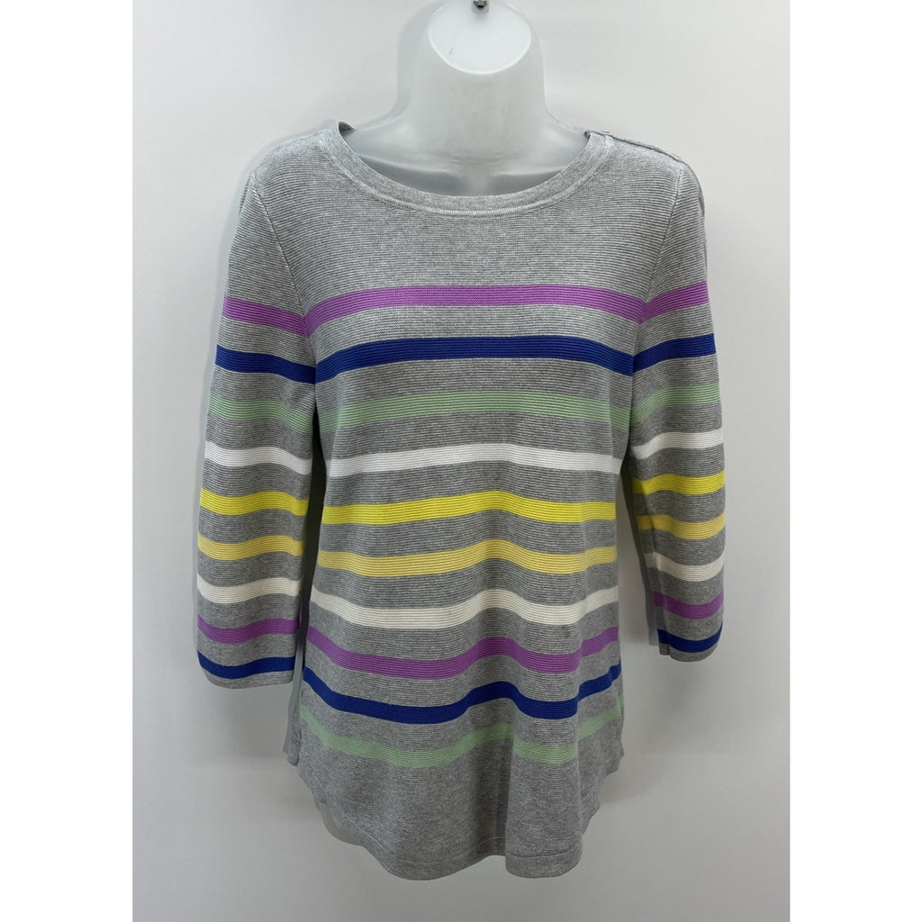 Talbots Petite Women's Gray W/Multicolor Stripes 3/4 Sleeve Buttons Sweater M