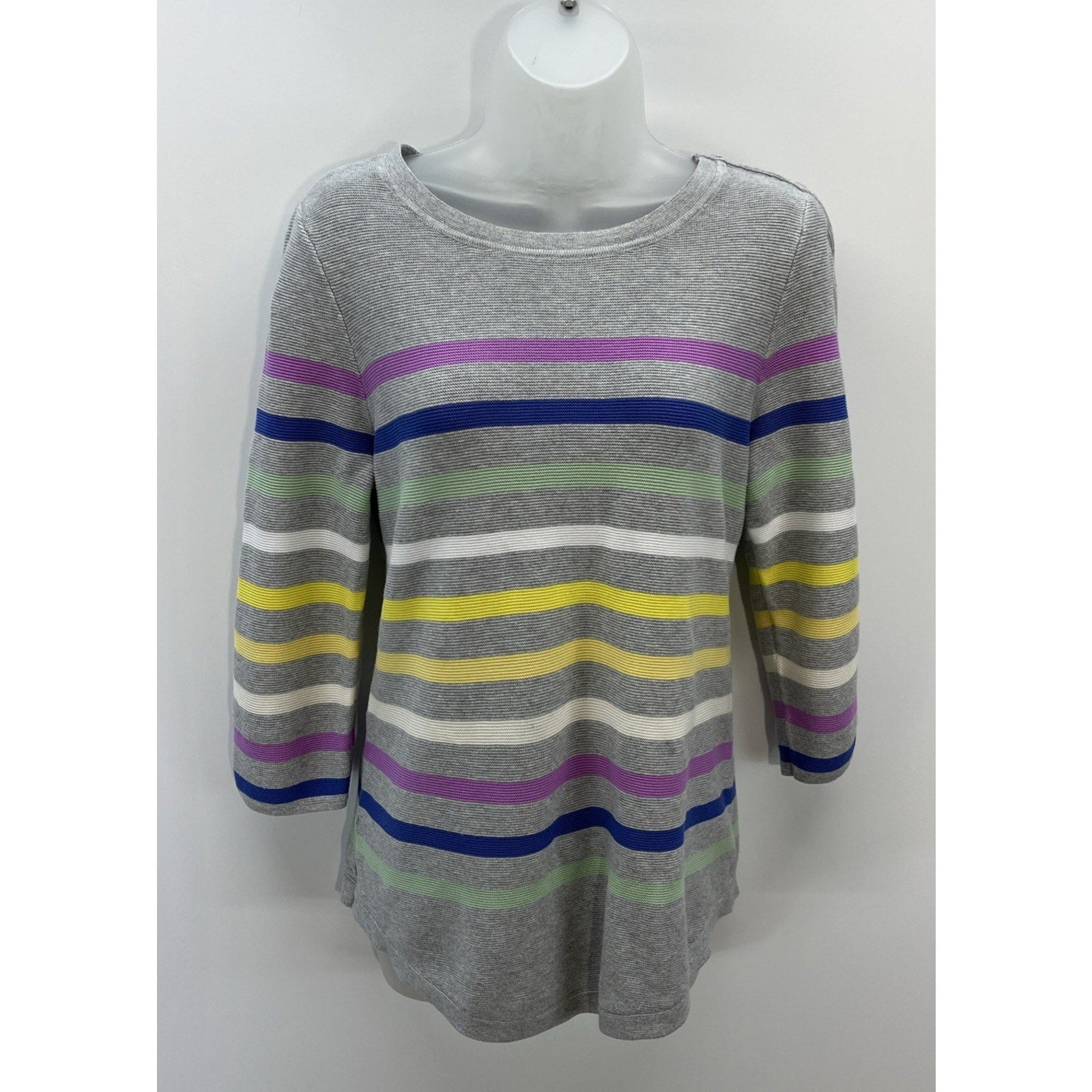 Talbots Petite Women's Gray W/Multicolor Stripes 3/4 Sleeve Buttons Sweater M