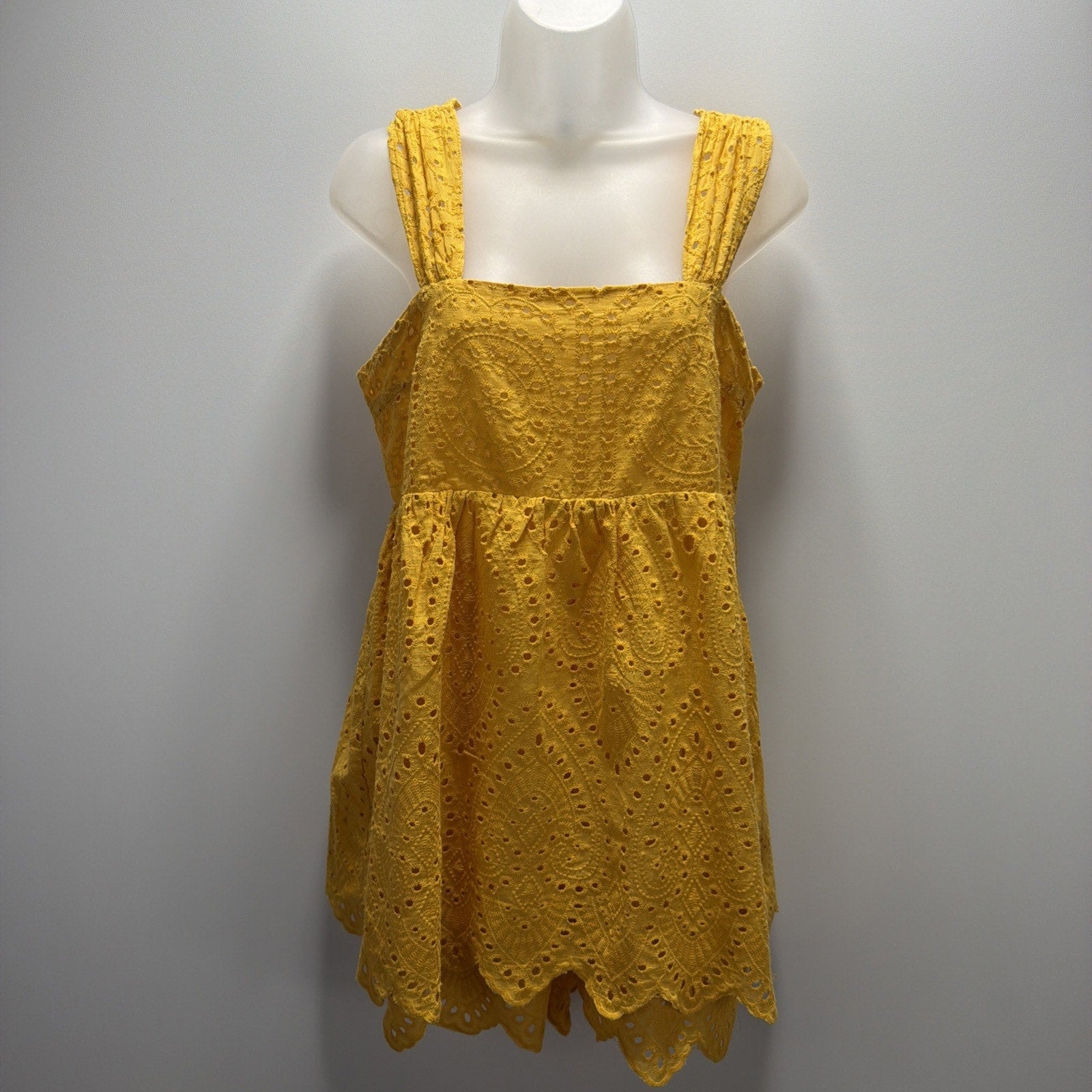 Mustard Yellow Eyelet Top Dress Women Small Boho Cottagecore Babydoll Cotton